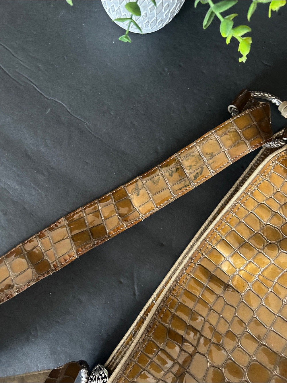 Vintage Brighton Croc-Embossed Leather Hobo Bag in Mustard Brown - Picture 12 of 14
